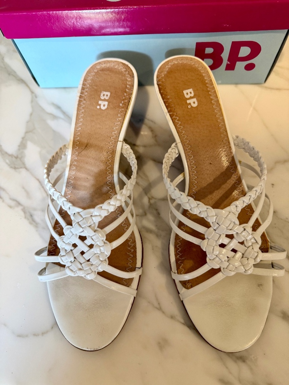 BP Nordstrom Mali-Lea White Braided Leather Kitten Heel Sandals 8.5
